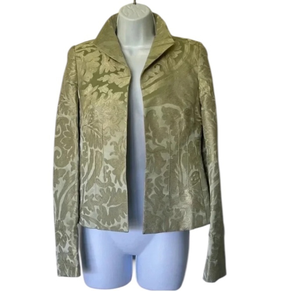 Nina McLemore Suzanne mint metallic gold 100% silk floral brocade Size 0